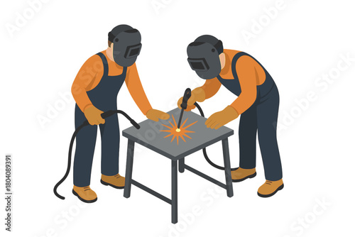 Skilled workers in protective gear performing metal welding on industrial table