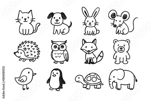 Simple hand drawn doodle set of cute animals including cat dog rabbit and bear