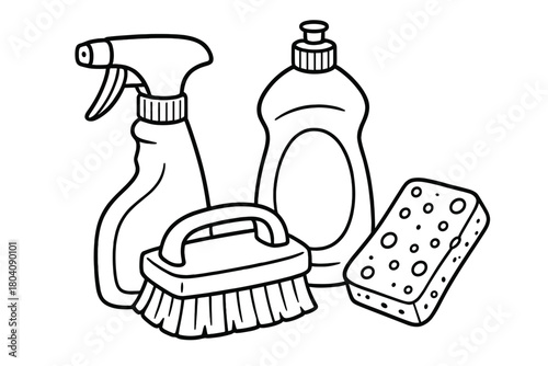 Basic set of household cleaning supplies: detergent, spray bottle, scrub brush, and sponge