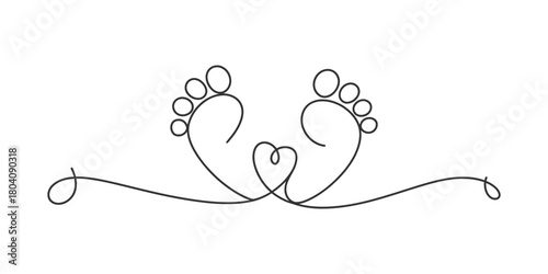 One continuous line drawing of tiny baby feet embracing a heart symbol, representing new life, love, family, and parenthood. minimalist vector art.