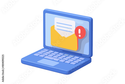Blue laptop displaying critical email notification with red alert sign on screen