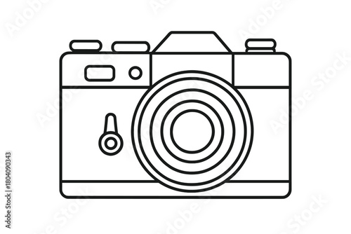 Outline drawing of a classic vintage analog camera with large lens and controls