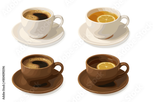 Four realistic cups of hot beverages: black coffee and lemon tea in ceramic mugs on saucers