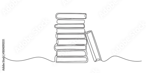 Continuous line art drawing of a tall stack of books with one book leaning against the side, representing education, knowledge, and learning