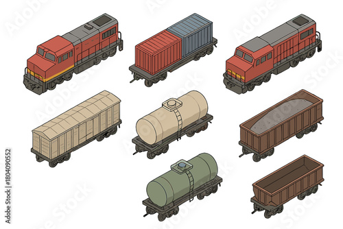 Isometric railway transportation vehicles, diesel locomotives and freight wagons
