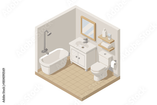 Isometric modern bathroom interior design with bathtub, toilet, sink vanity, and storage shelves