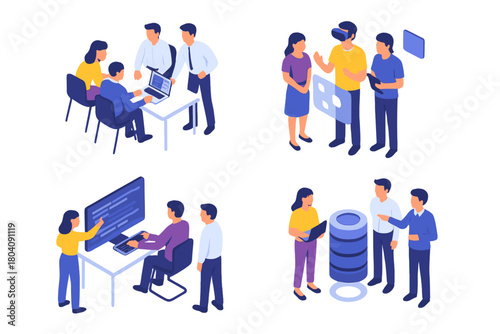 Isometric business people working on technology, virtual reality, coding, data management, and team collaboration
