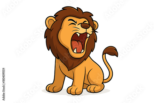 Adorable cartoon lion cub sitting down and roaring loudly with a wide open mouth