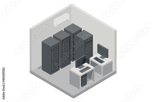 Isometric data center room setup with multiple server racks and workstations