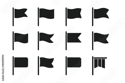 Twelve different black flag icons on poles representing various shapes and pennants
