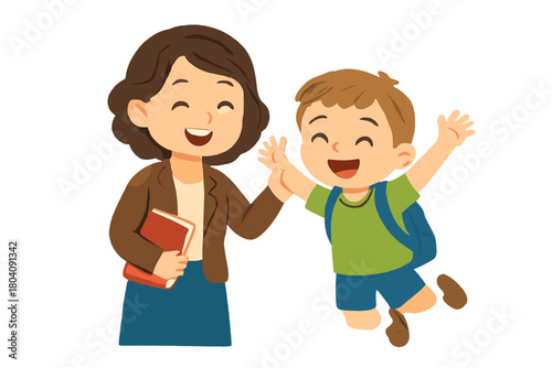 Happy teacher and excited student giving a high five greeting on the first day of school