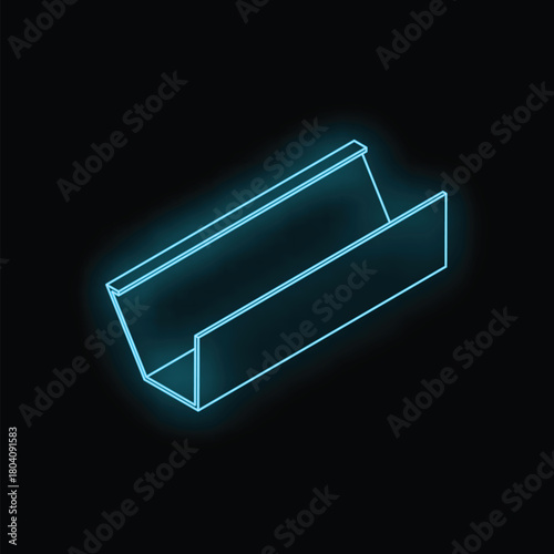 Neon glowing outline icon of a rain gutter on black background
