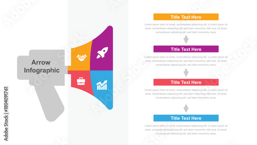 Colorful Arrow Infographic Diagram Featuring Business Icons, Text Titles, and Placeholder Descriptions on White Background
