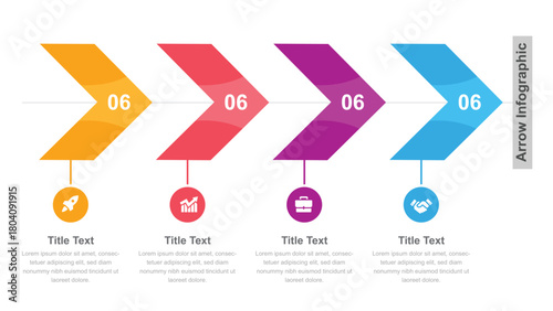 Colorful Arrow Infographic Diagram FourStep Process, Rocket, Graph, Briefcase, Handshake Data Representation