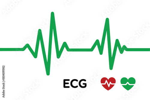 Green ecg line with two hearts isolated on white background, medical concept