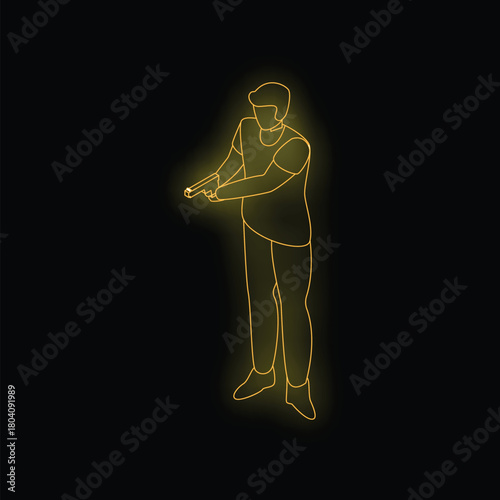 Isometric glowing neon illustration of a man holding a gun
