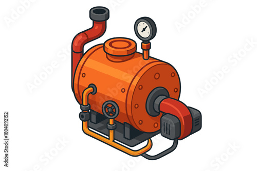 Orange industrial heating boiler system with pipes, gauge, and chimney