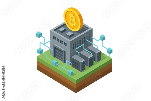 Isometric cryptocurrency mining farm facility connected to a decentralized blockchain network