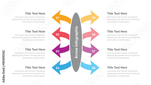Colorful Arrow Infographic Illustrating Eight Steps with Title Text and Description Placeholder Sections