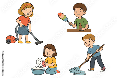 Young children doing household chores like vacuuming, dusting, and washing dishes