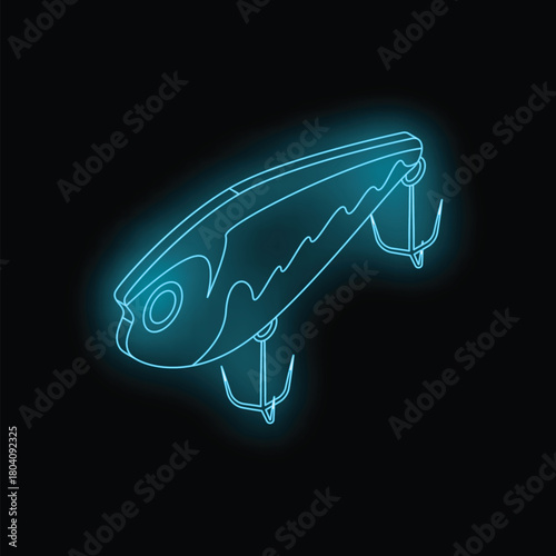 Neon blue fishing lure glowing in the dark with a treble hook