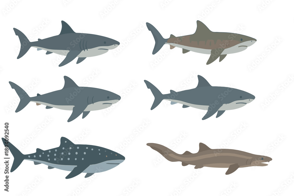 Fototapeta premium Diverse collection of marine predators and various shark species isolated on white