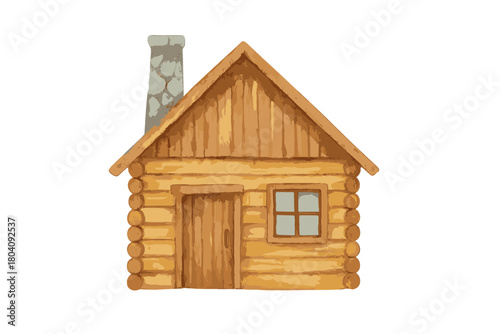 Rustic wooden log cabin house with stone chimney and pitched roof on white background