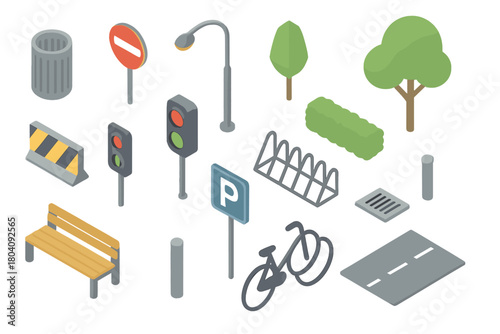 Isometric urban infrastructure elements collection featuring street lights, traffic signs, park bench, and trees