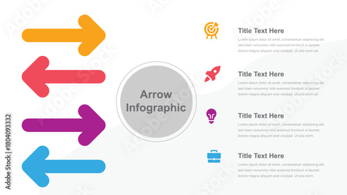 Colorful Arrow Infographic with Icons, Title Texts, and Description Sections on a White Background