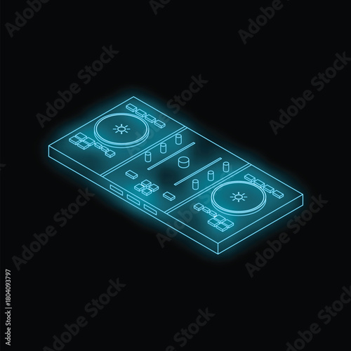 Neon blue isometric illustration of a dj console mixing desk on a black background