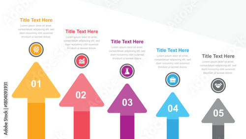 Five Colorful Arrow Steps with Business Icons, Title Text, and Placeholders for Information