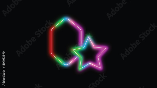Neon Geometric Shapes and Star on Black Background