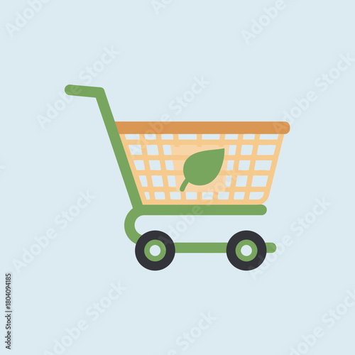 Green shopping cart with leaf symbol on light blue background.