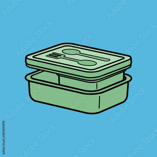 Green lunchbox with utensils against blue background.