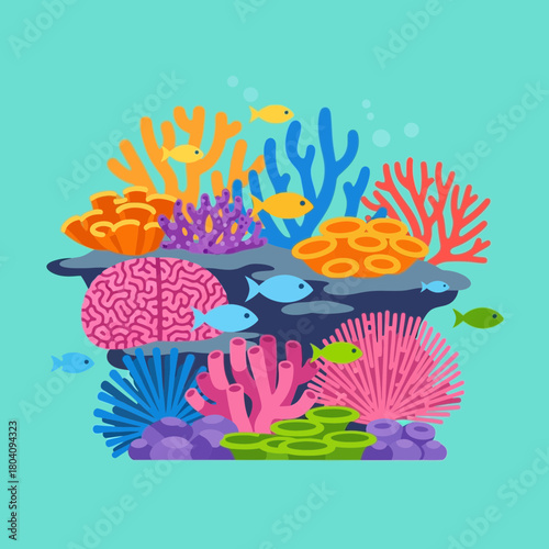 Colorful coral reef with fish in blue water.