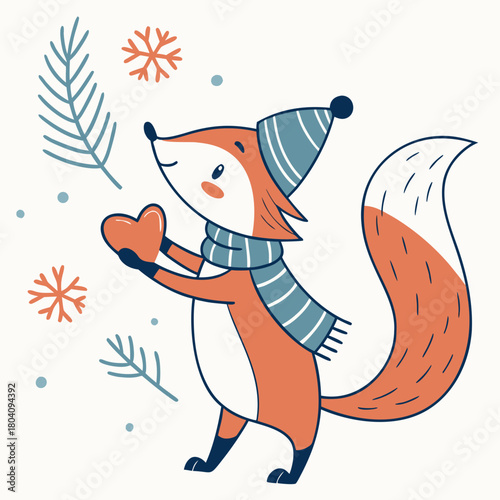 Cute Curious Foxe, accessorized with holding a heart, in a Winter world – Winter Wonderland palette vector