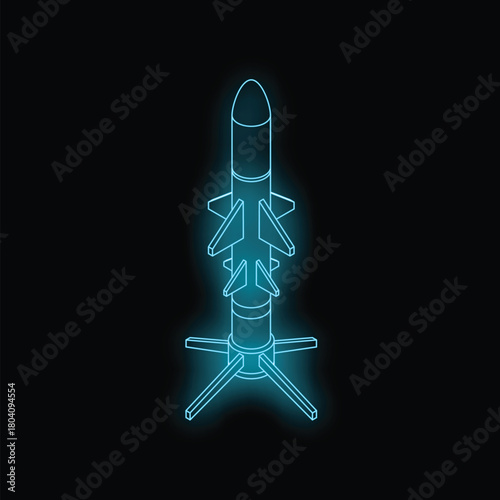 Glowing blue stylized ballistic nuclear missile ready to be launched, military and warfare concept