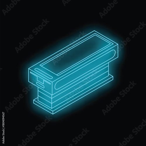 Glowing neon blue operating table on a black background, creating a futuristic medical or science fiction concept
