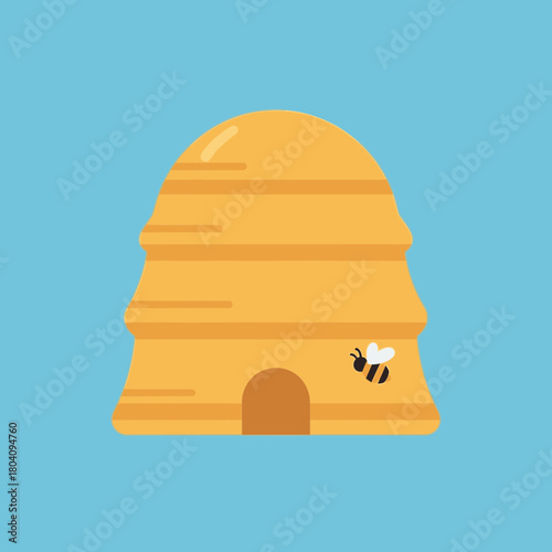 Yellow beehive with a bee on a blue background.