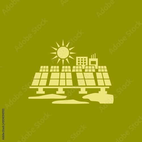 Solar panels and buildings under a sun icon.