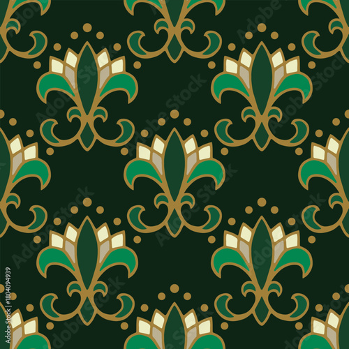 Vector seamless pattern of golden fleur de lis flower on dark green background. Основные RGB