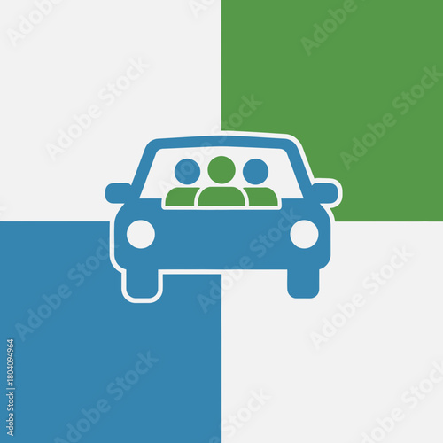 Blue car icon with people inside on a checkered background.