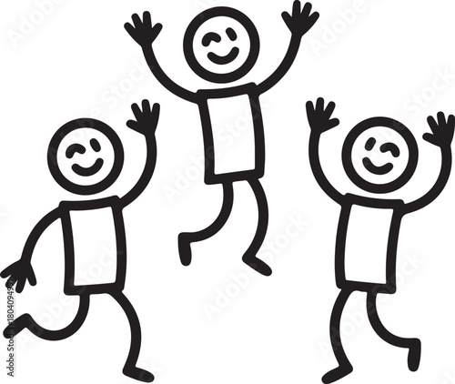 Three stick figures jumping with joy isolated on white background