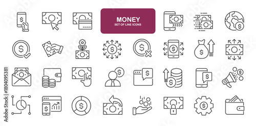 Set of line icons related to money, finance, wallet, dollar. Outline icons collection