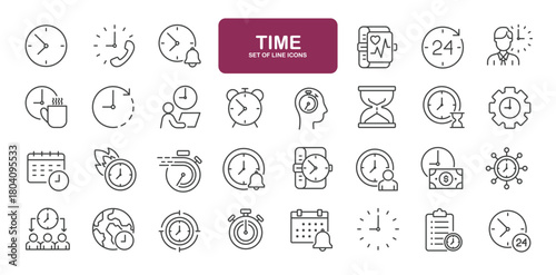 Set of line icons related to time, clock, calendar, timer. Outline icons collection