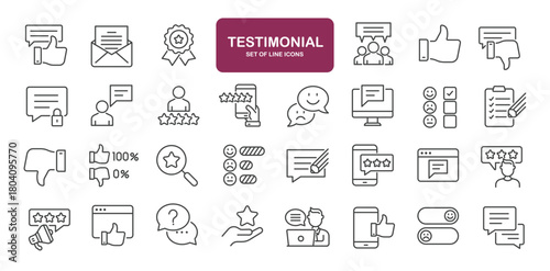 Set of line icons related to feedback, testimonial, review, rating, survey. Outline icons collection