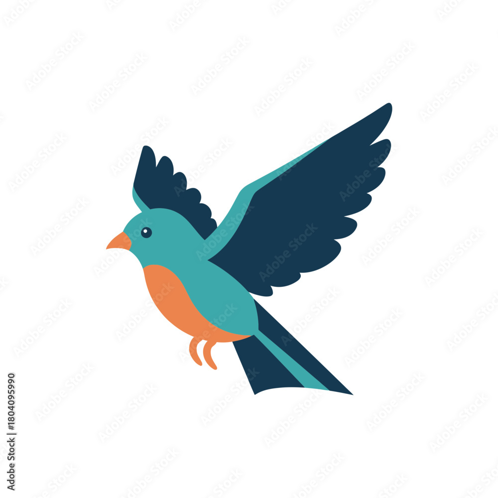 Obraz premium Stylized blue bird with orange chest in flight.