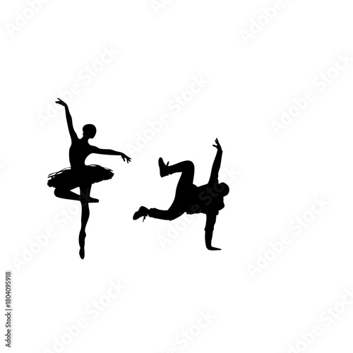 A silhouette of a ballerina in a tutu and a breakdancer in a dynamic pose on a white isolated background