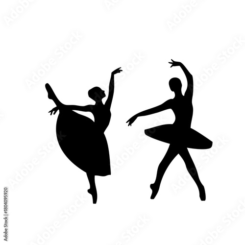 Two ballerina silhouettes performing dance poses against a white background in a studio setting artfully done