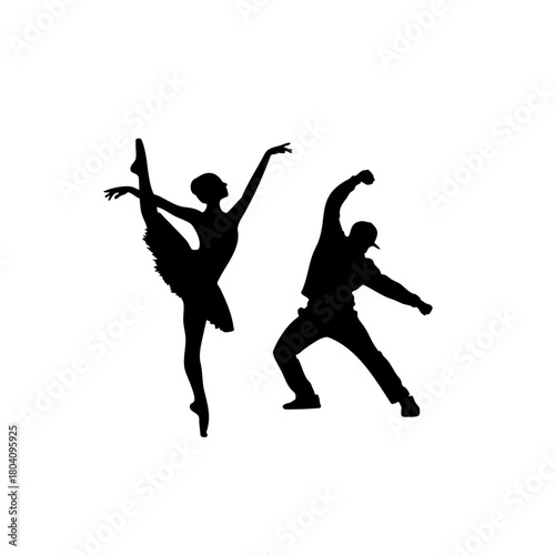 Silhouette of a ballerina in a tutu and a hip hop dancer on a white background in a dynamic pose